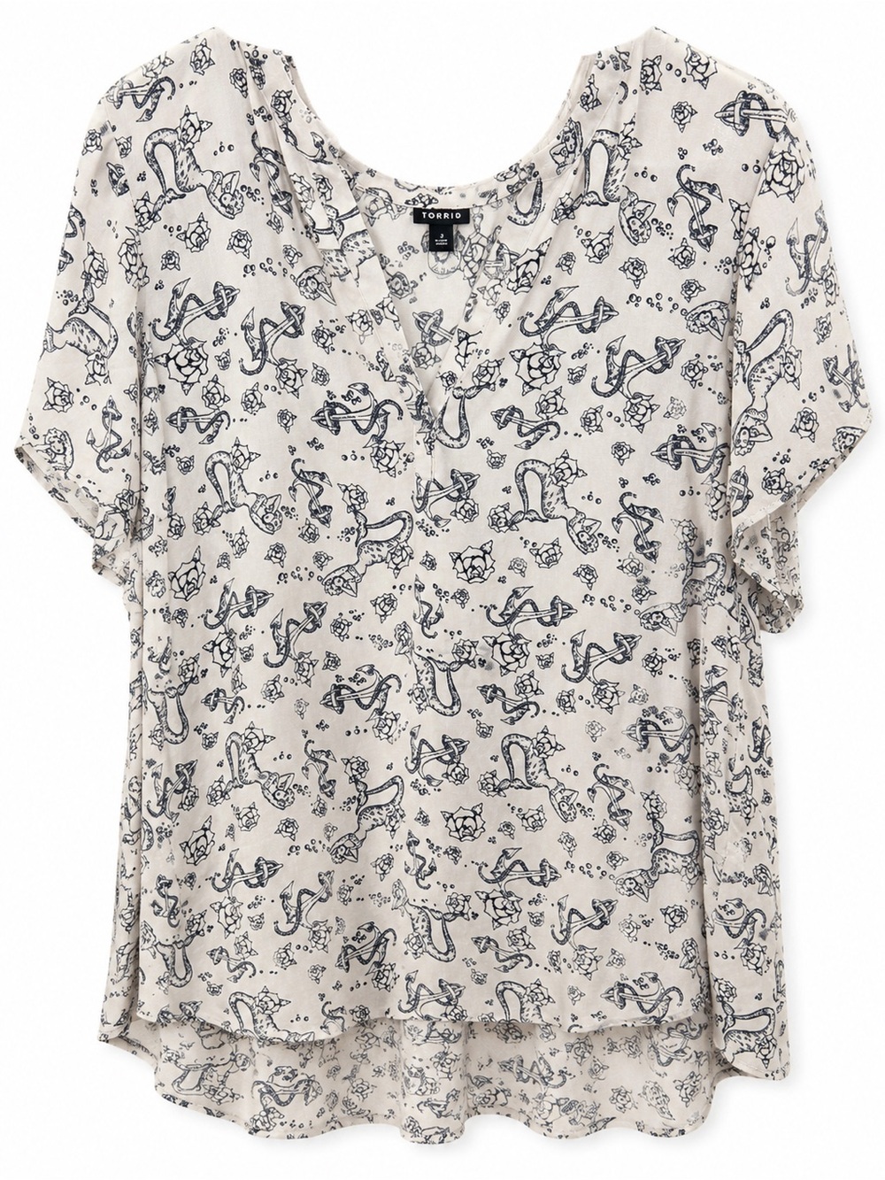 Torrid Anchor Rose Print Blouse Size 3 Plus Flowy V Neck Nautical Tattoo Top